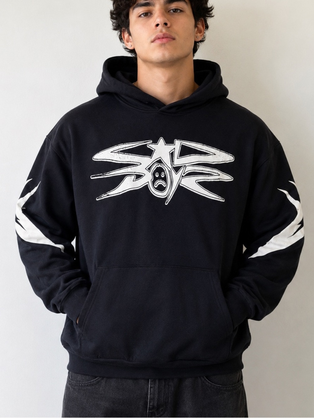 Sad Boyz Men’s Black Graphic Oversized pullover hoodie size small Streetwear
